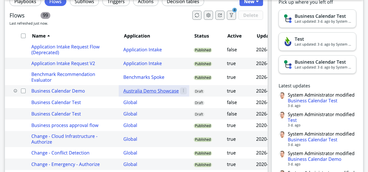 ServiceNow Flow Designer list showing Business Calendar Demo in the Australia Demo Showcase application