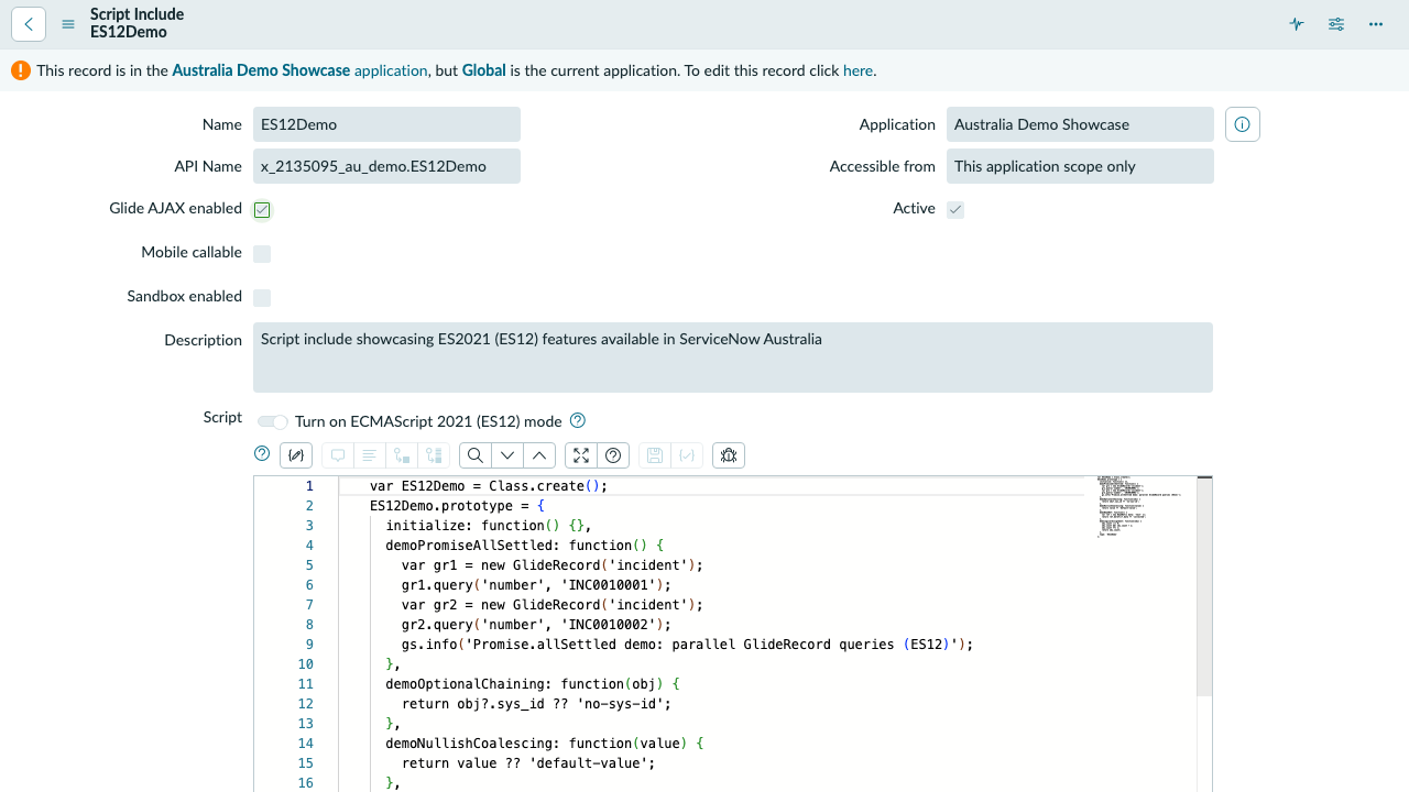 ServiceNow Script Include form for ES12Demo in Australia Demo Showcase with Glide AJAX enabled
