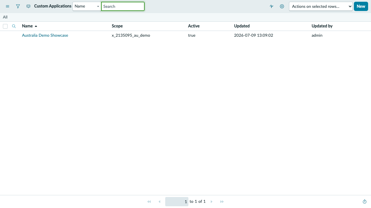 ServiceNow Custom Applications list showing Australia Demo Showcase with scope x_2135095_au_demo