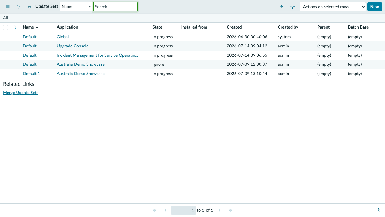 ServiceNow Update Sets list showing five rows for Incident Management for Service Operations Workspace, Upgrade Console, Australia Demo Showcase, and Global